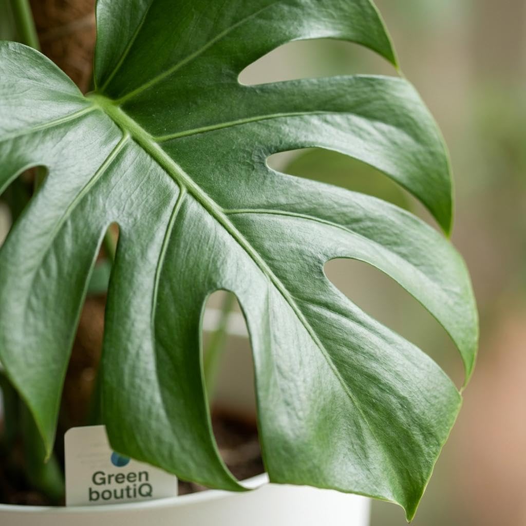 Green boutiQ - Zimmerpflanze - Fensterblatt - Monstera Deliciosa Moosstab - Grün - Pflegeleicht - 1 Pflanze - mit Übertopf Weiß - Topf 19cm - Höhe 90cm