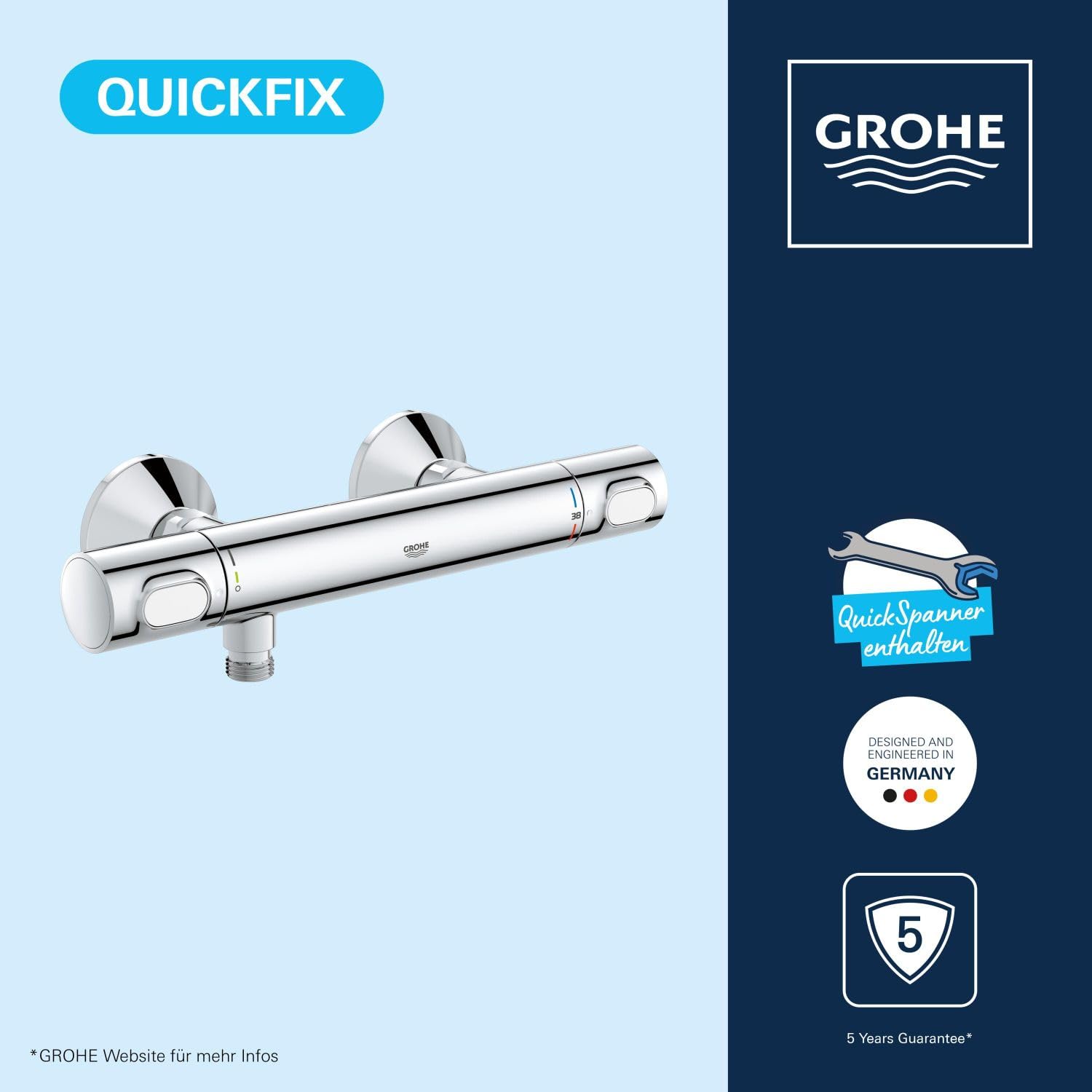 GROHE Precision Flow, Duscharmatur wassersparend (Thermostat hält Temperatur konstant, Verbrühschutz bei 38°C, Mischbatterie mit Wasserspartaste für die Dusche, mit 3in1 Werkzeug), chrom, 34840000