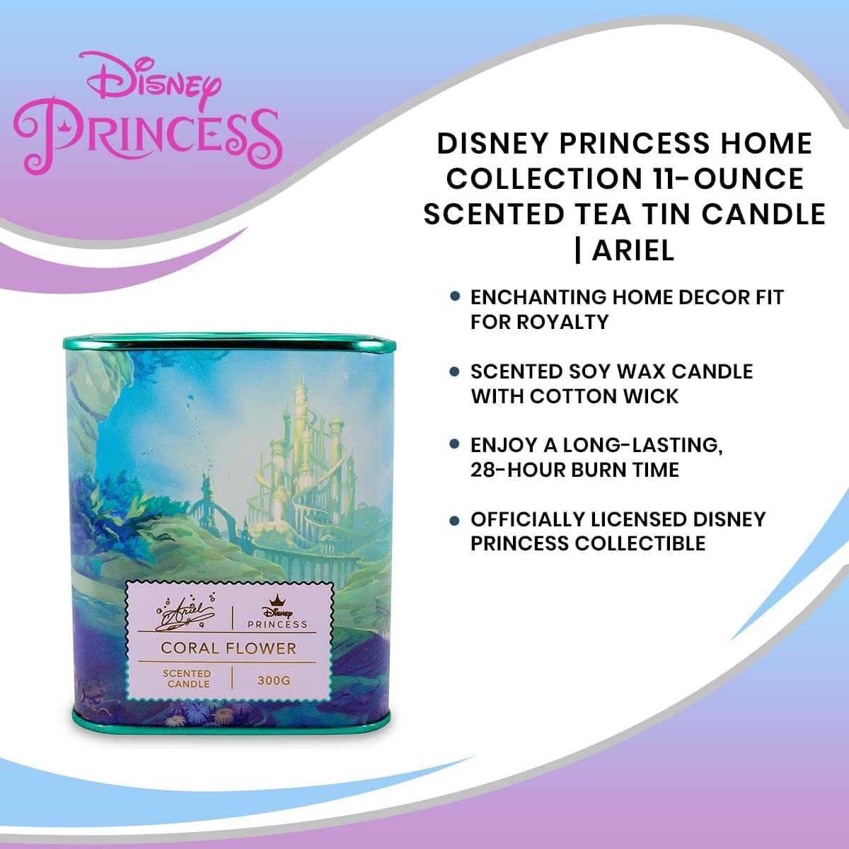 Disney Princess Home Collection Ariel 325 ml Zapachowa świeca do herbaty z zapachem kwiatu koralowego, czas palenia przez 28 godzin, dekoracja domu, niezbędnik na parapetówkę, prezenty i przedmioty