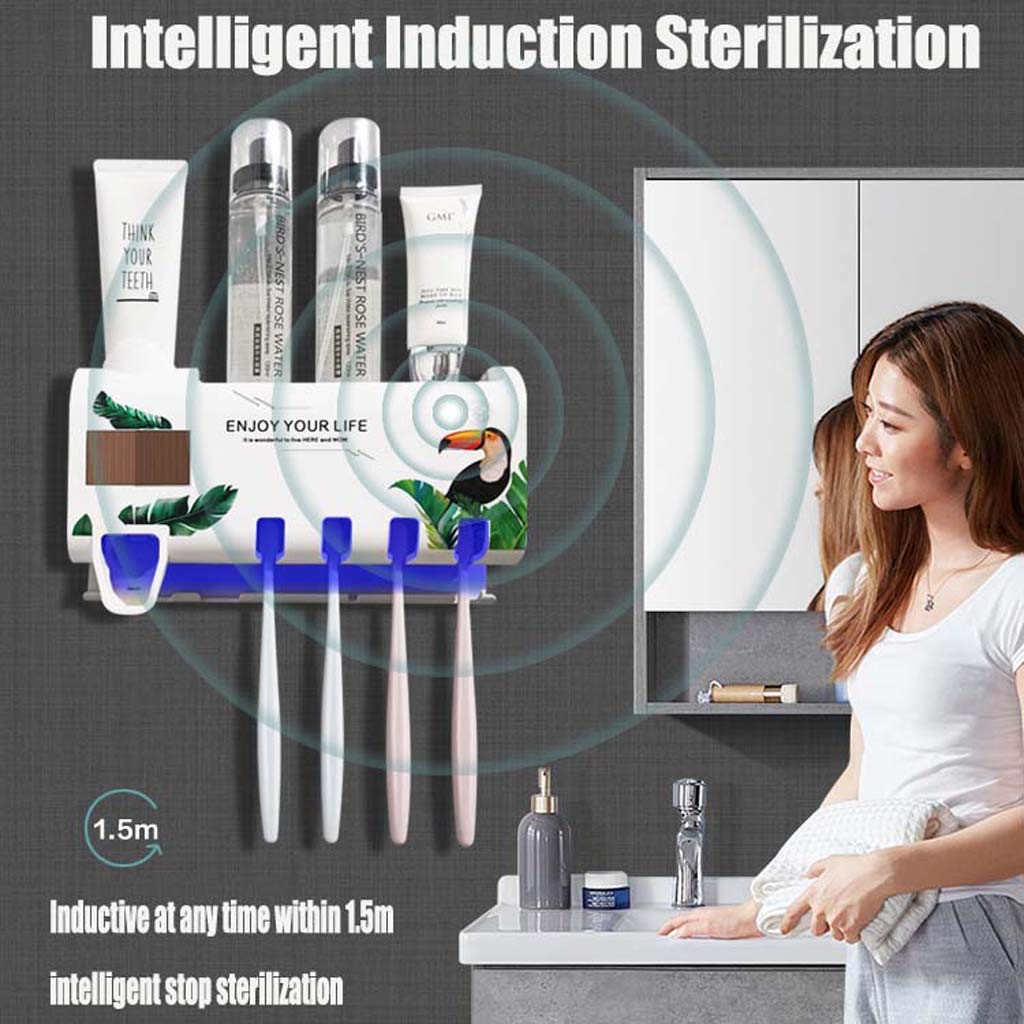 TJH Esterilizador de Cepillo de Dientes eléctrico Inteligente, Caja de Almacenamiento de Cepillo de esterilización UV, Exprimidor de Pasta Dental montado en la Pared -Instalación sin Perforaciones