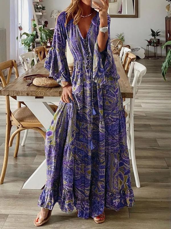 Womens Red Boho Long Sleeve Maxi Dresses Oversized Vintage Graphic Print Casual Flowy Long Dress for Fall Spring - Image 2