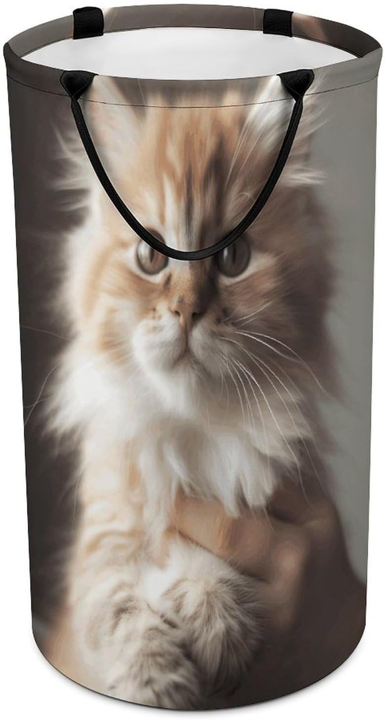 Cute Kitty Laundry Hamper with Handles Waterproof Collapsible Laundry Basket Large Lightweight Round Dirty Clothes Hamper for Home Dorm Bathroom Decor