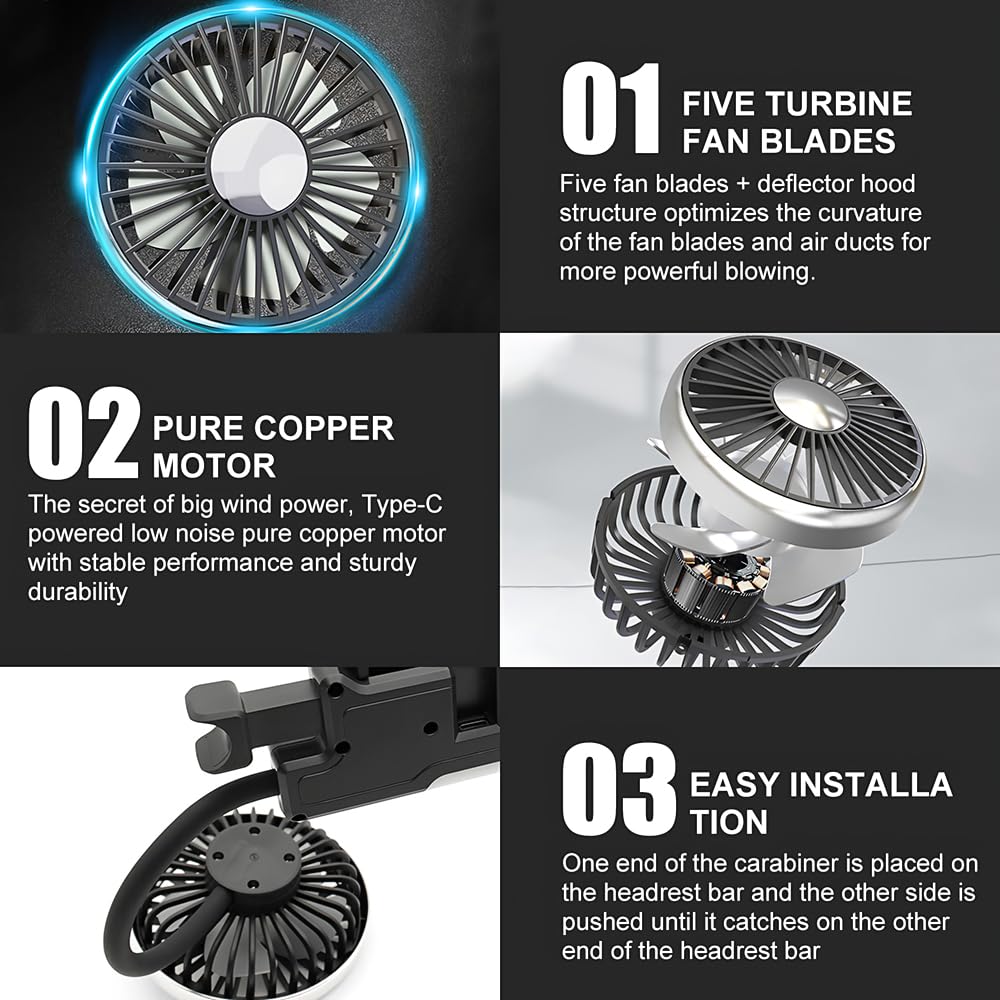 Ventilateur de voiture pour siège arrière, double tête, 12 V, rotation à 360 °, USB, avec 3 vitesses et 2 niveaux de luminosité, lumière LED pour camion, camionnette, SUV