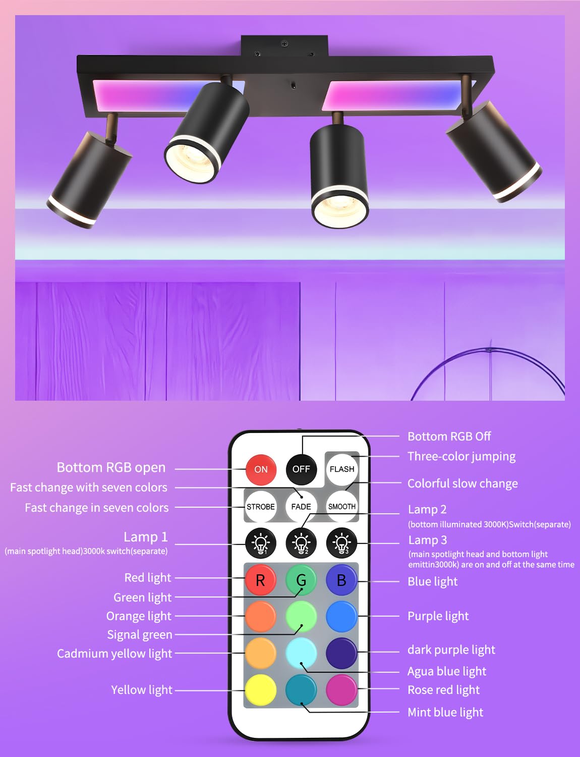YindaLux Lámpara Techo Focos Giratorios GU10, RGB 30W 3600LM Foco de Techo con Mando a Distancia, Negro Plafón de con 4 Focos con Luz Inferior 10W+4x5W GU10 para Salon