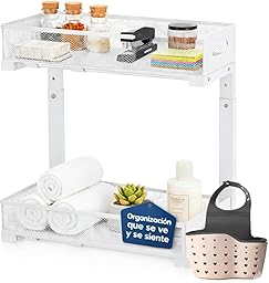 MARFRAND Organizador Bajo Fregadero. Organizador Armario Cocina. Bandeja Extraible Armario. Con accesorios anti vuelco. Incluye Colgador para Esponja de Cocina para Fregadero.