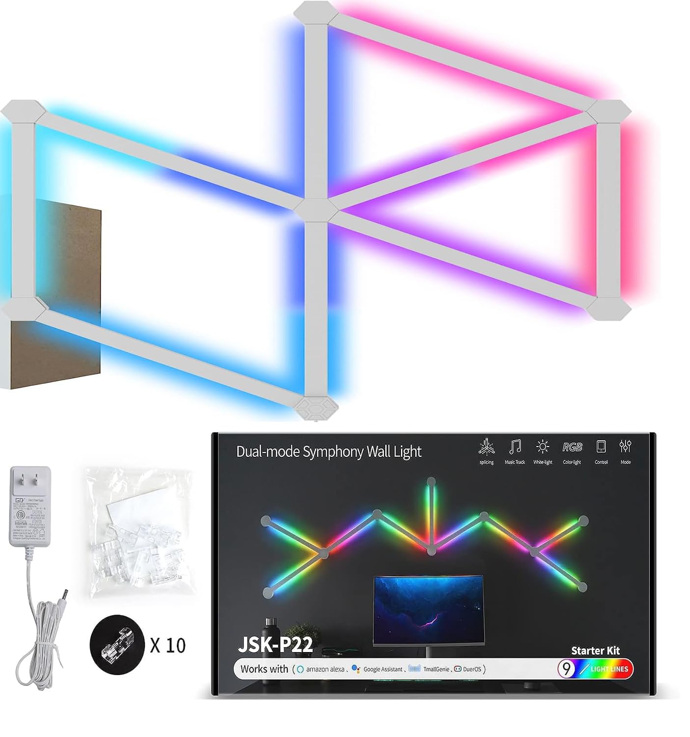 Lines WiFi Smart RGBW 16M+, Music Sync, 16M Colors, Works with Alexa, Color LED Dimmable Gaming and Home Decor Wall Lights Starter Kit (9 LED Light Lines)