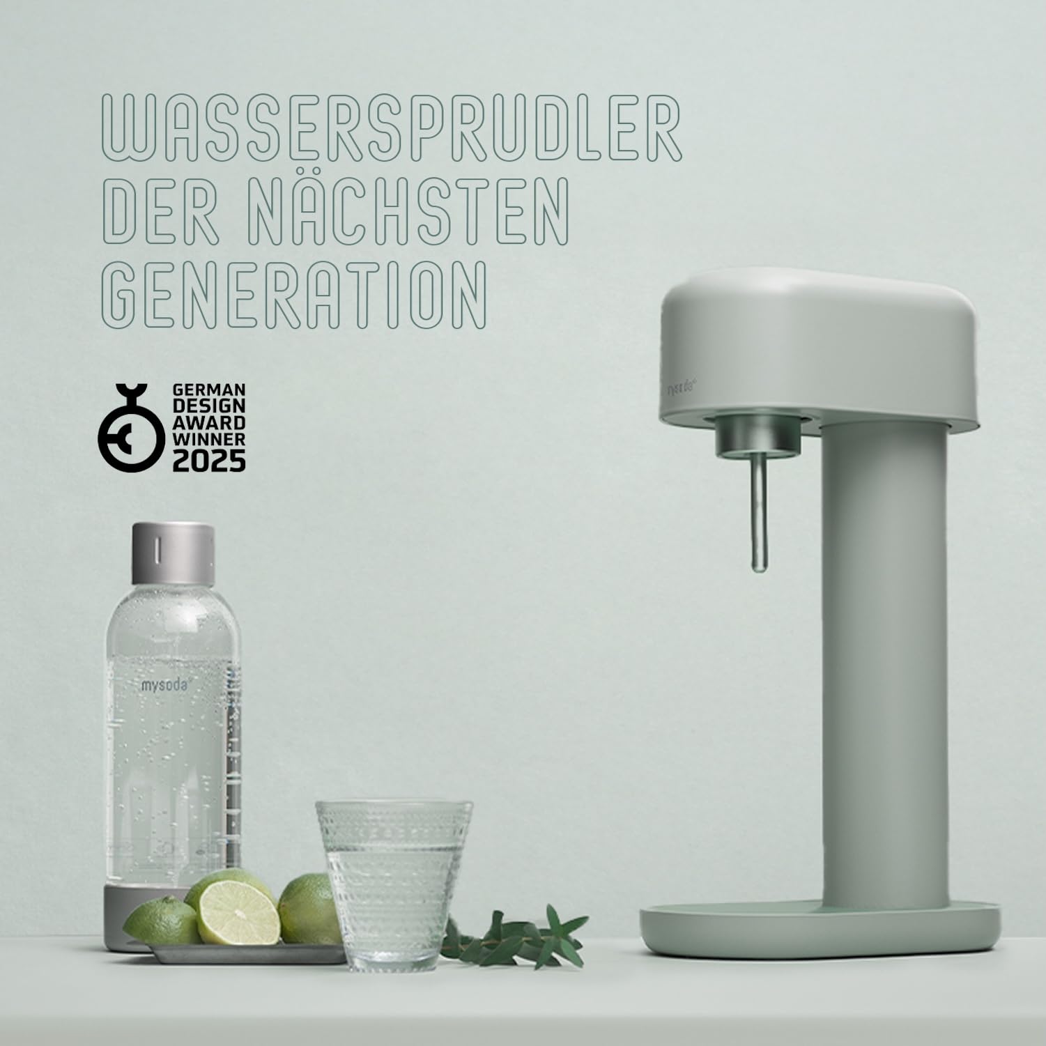 Mysoda: Stilvoller Ruby 2 Wassersprudler aus robustem Aluminium (ohne CO2-Zylinder) mit hochwertiger 1-Liter-Wasserflasche in Premiumdesign - Salbeigrün (Pigeon)