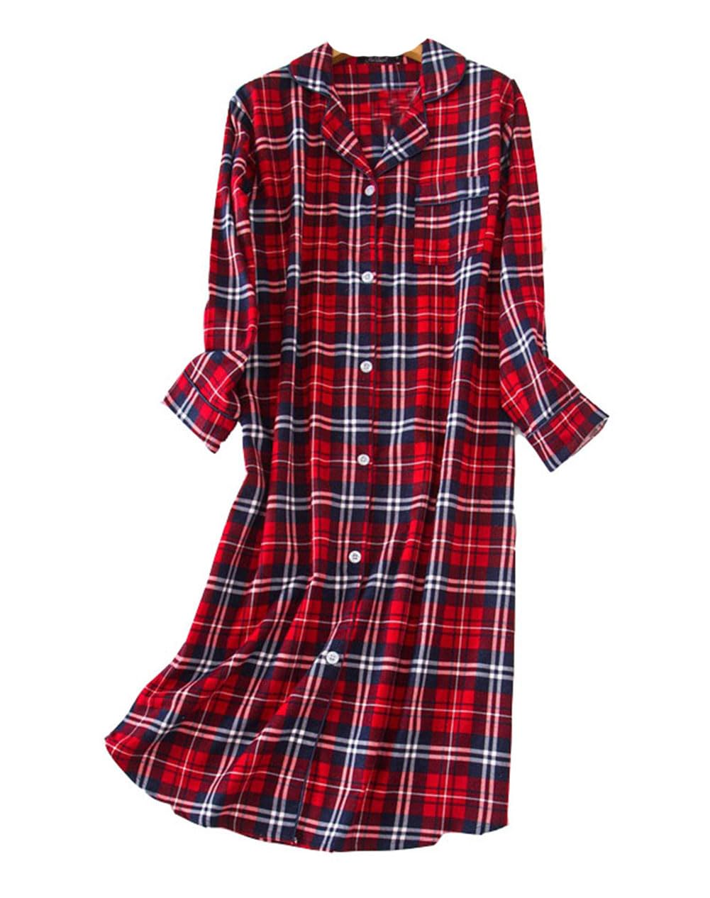 Dsjj Women's Red Nightshirt Long Sleeve Cotton Sleep Shirt Button Down Nightdress Sleepwear Pajama (,L)