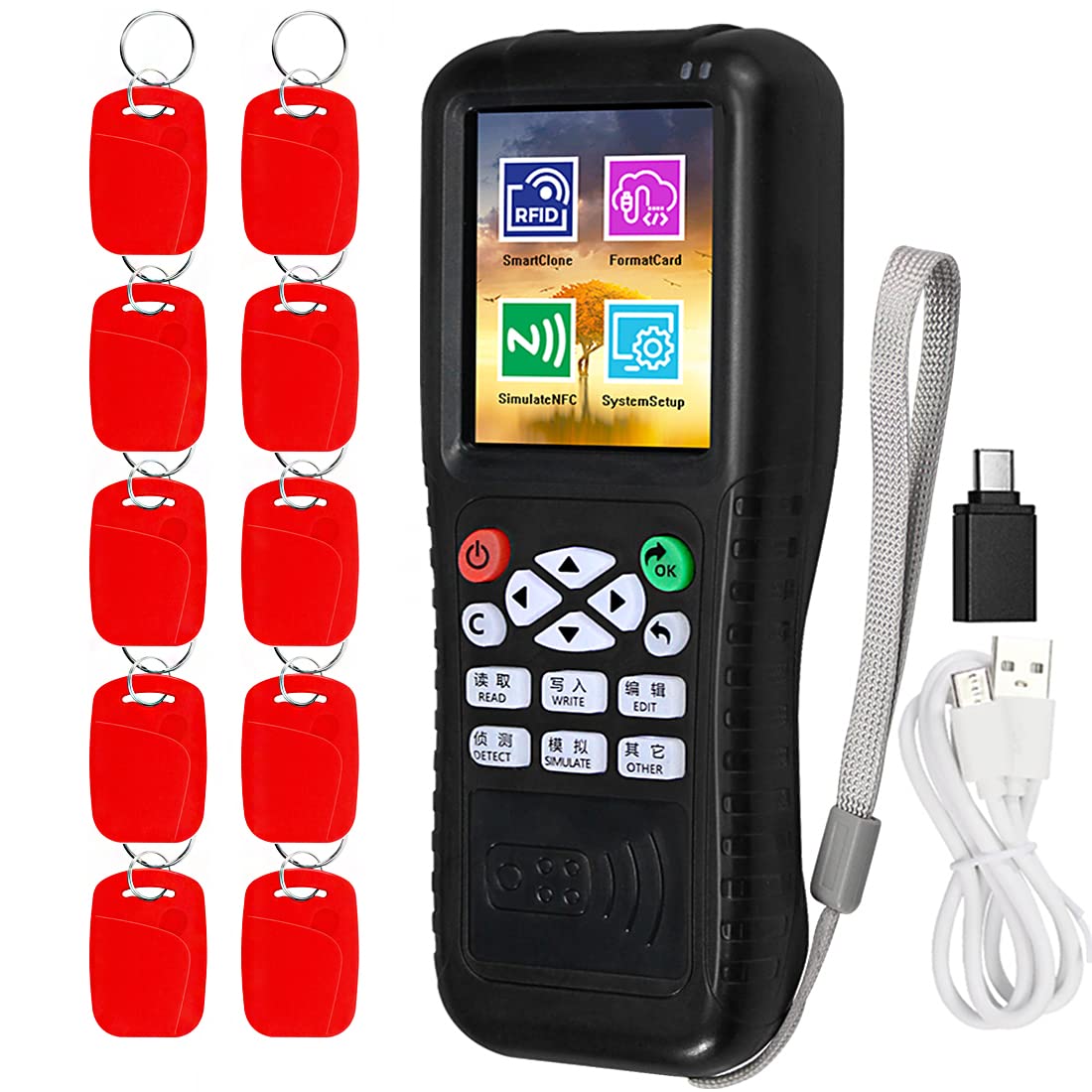 Multi Frequencies RFID Smart Card Replicator, Reader Writer Duplicator, NFC Reader, Encrypted Decoder, with Writable Key Fobs Cards Free Software Phone APP Decoding, Black, (HERNAS-FZQ2023)
