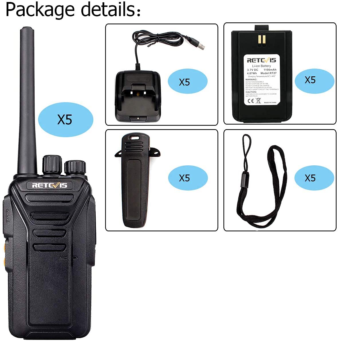 Retevis RT27 Funkgerät, PMR Funkgeräte Set, 16 Kanäle CTCSS/DCS VOX, Walkie Talkie Lizenzfrei für Baustelle, Sicherheitsdienst (5 STK., Schwarz)