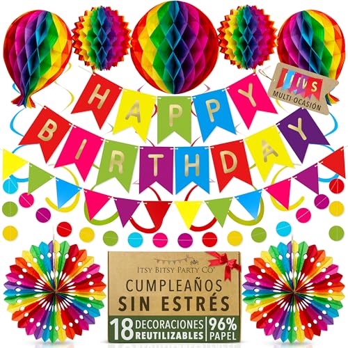 Decoracion Cumpleaños Premium Reutilizable Multicolor – Guirnalda Cumpleaños, Pompones de Colores, Pancarta Happy Birthday, Banderines y Serpentinas de Papel Para Niños, Niñas y Adultos