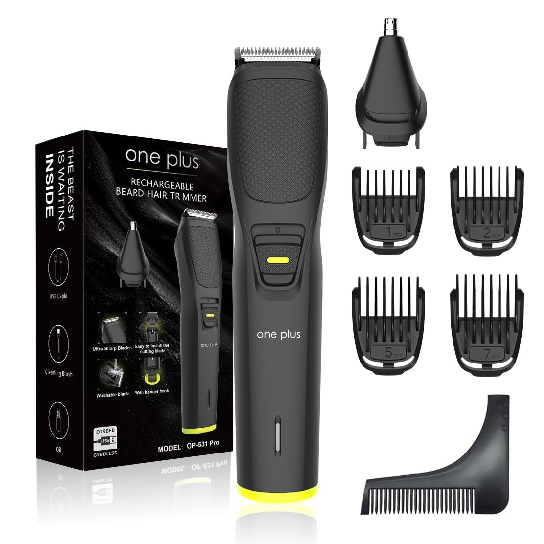 one plus OP 531 Pro 5 in 1 Face, Body & Private Parts,DualCut Tehnology Grooming Kit Trimmer 120 min Runtime 4 Length Settings (Black)