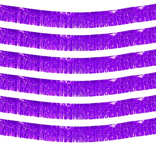 Image of 6 Pack 10 Feet Foil Fringe Garland Metallic Tinsel Streamers Banner Wall Hanging Curtain Backdrop Banner for Parade Floats, Thanksgiving, Christmas, Birthday, Halloween Party Decorations(Purple)