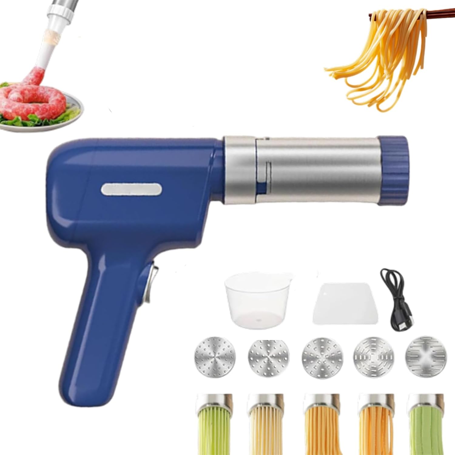 String Hopper Maker Electric, Idiyappam Maker Electric, 5-in-1 Handheld Cordless, 5 Interchangeable Molds for Making Spaghetti Linguine, Sausage (Blue)