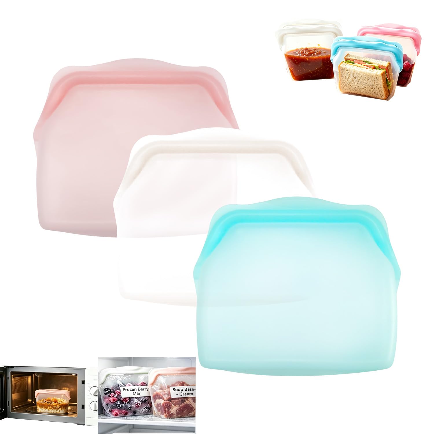 Reusable Food Silicone Storage Bags Upright Ziptop Airtight Leakproof Food Fresh-Keeping Freezer Silicone Container Bag Premium Preservation Storage Bags for Freezer Microwave Oven(3PCS)