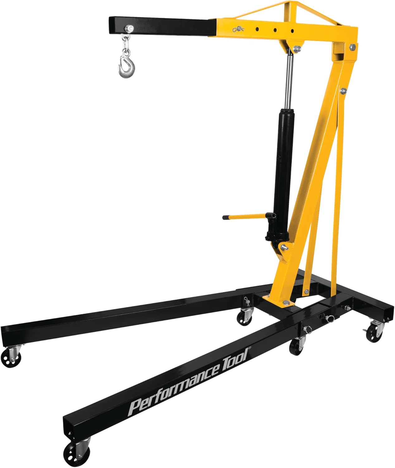 Performance Tool W41049 1-Ton Foldable Shop Crane - Fold-Up Legs, 2,000-Lb. Capacity, Load-Limiting Safety Valve, Yellow
