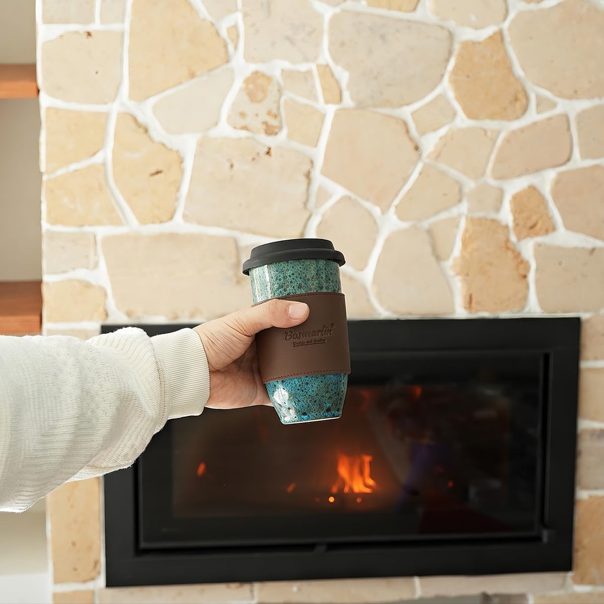 Bosmarlin Ceramic Travel Coffee Cup with Lid, 16 Oz, Portable Coffee Mug for Car Cup Holder, Microwave and Dishwasher Safe, Reactive Glaze (Turquoise Granite, 16 Oz) image 3