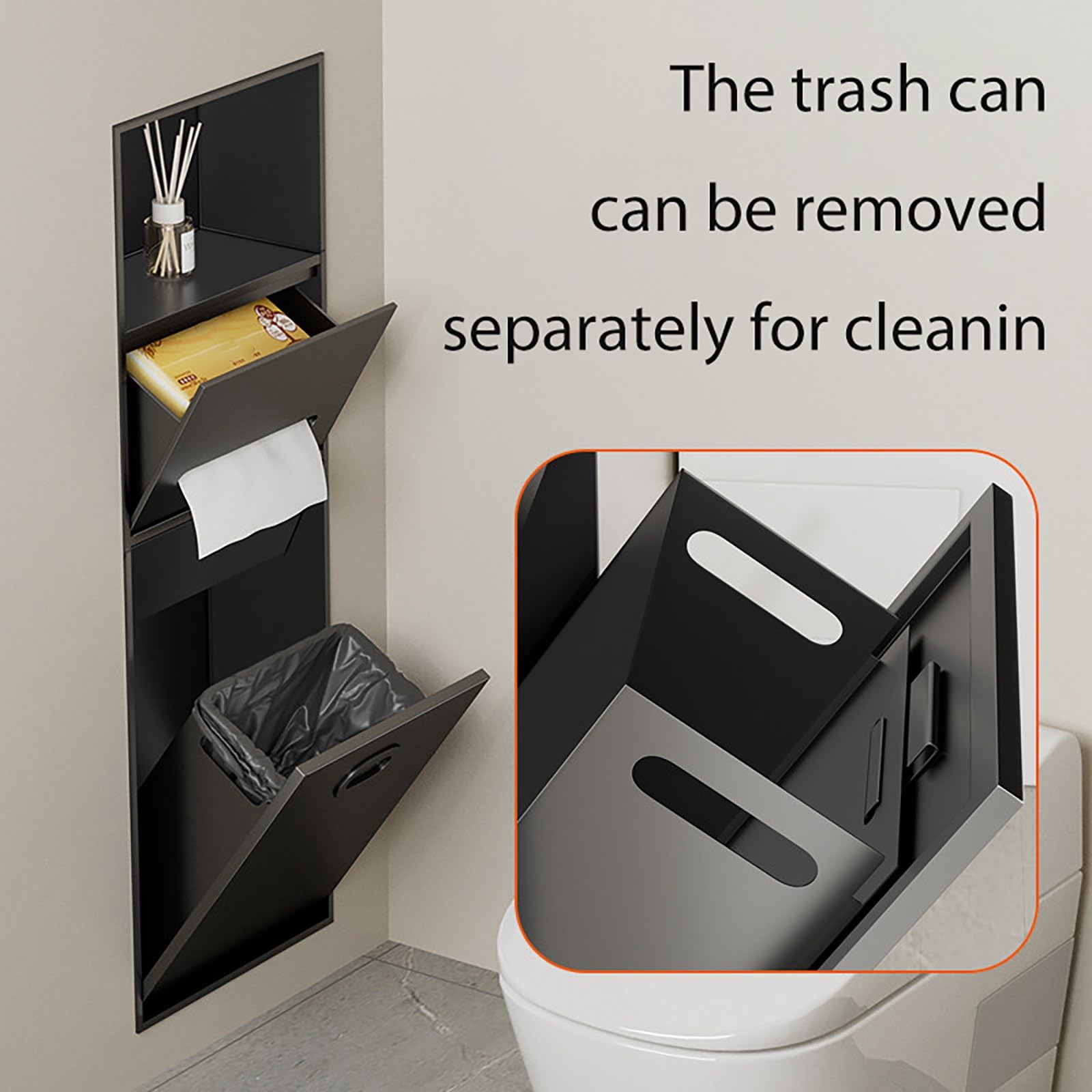 Portarotolo Carta Igienica da Incasso in Acciaio Inox 304, Nicchia Bagno Parete con Pattumiera Integrata, Porta Scopino e Dispenser Carta, Salvaspazio per Hotel e Casa(Black,670x400x140mm)