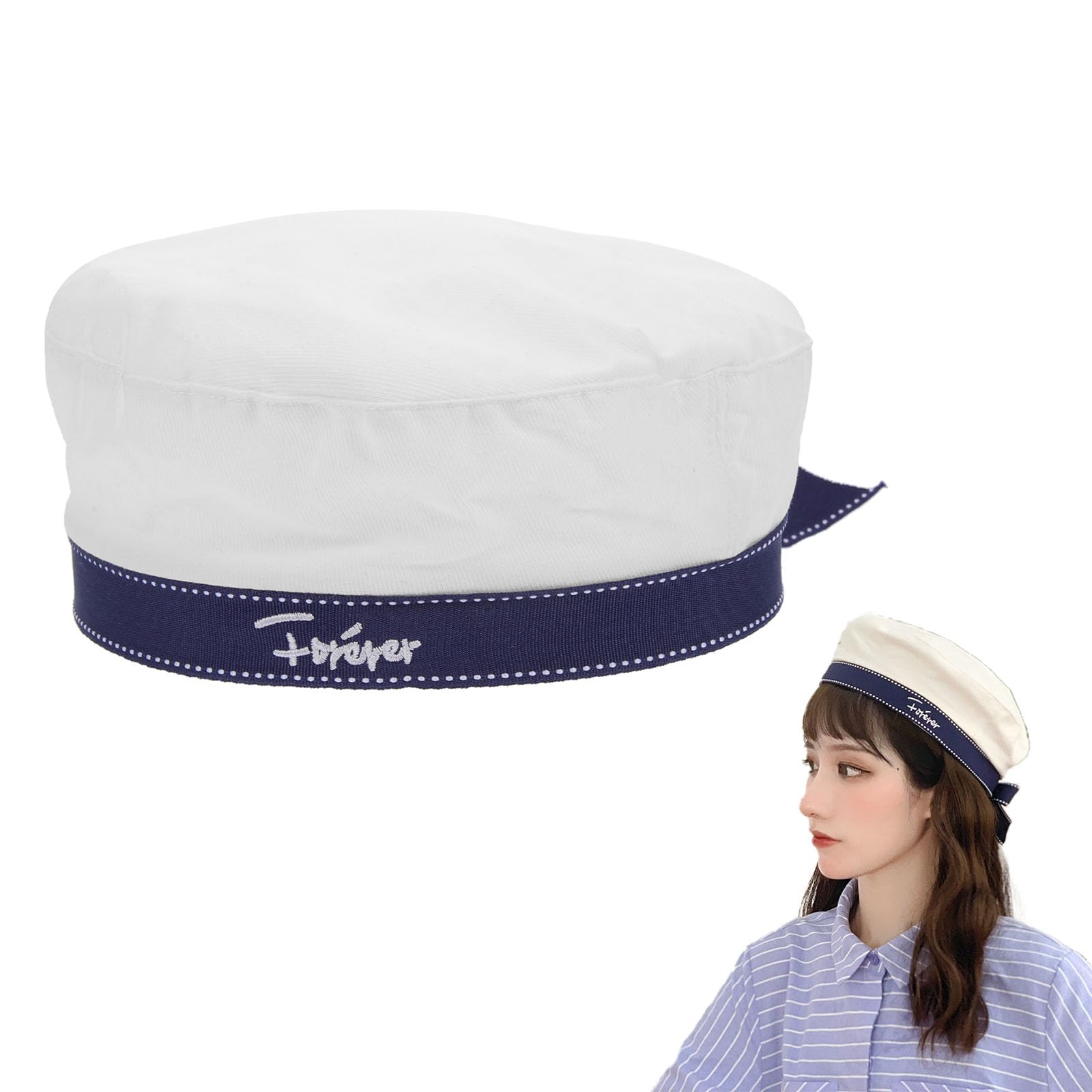 AOKWAWALIY Sailor Hat, Blue and White Beret Hat with Bow-Knot Summer Nautical Style Hats Captain Uniform Cap Lovely Yacht Boat Sailor Costume Prop for Woman Girls 56-58cm