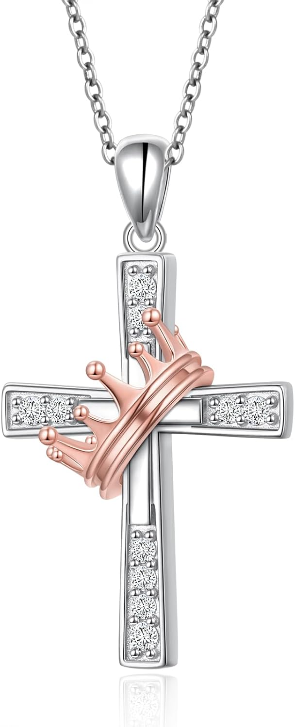 Two Tone Cross Necklaces Crown/Sunflower/Daisy/Hummingbird Necklace 925 Sterling Silver Adjustable Pendant Jewelry Gifts for Women