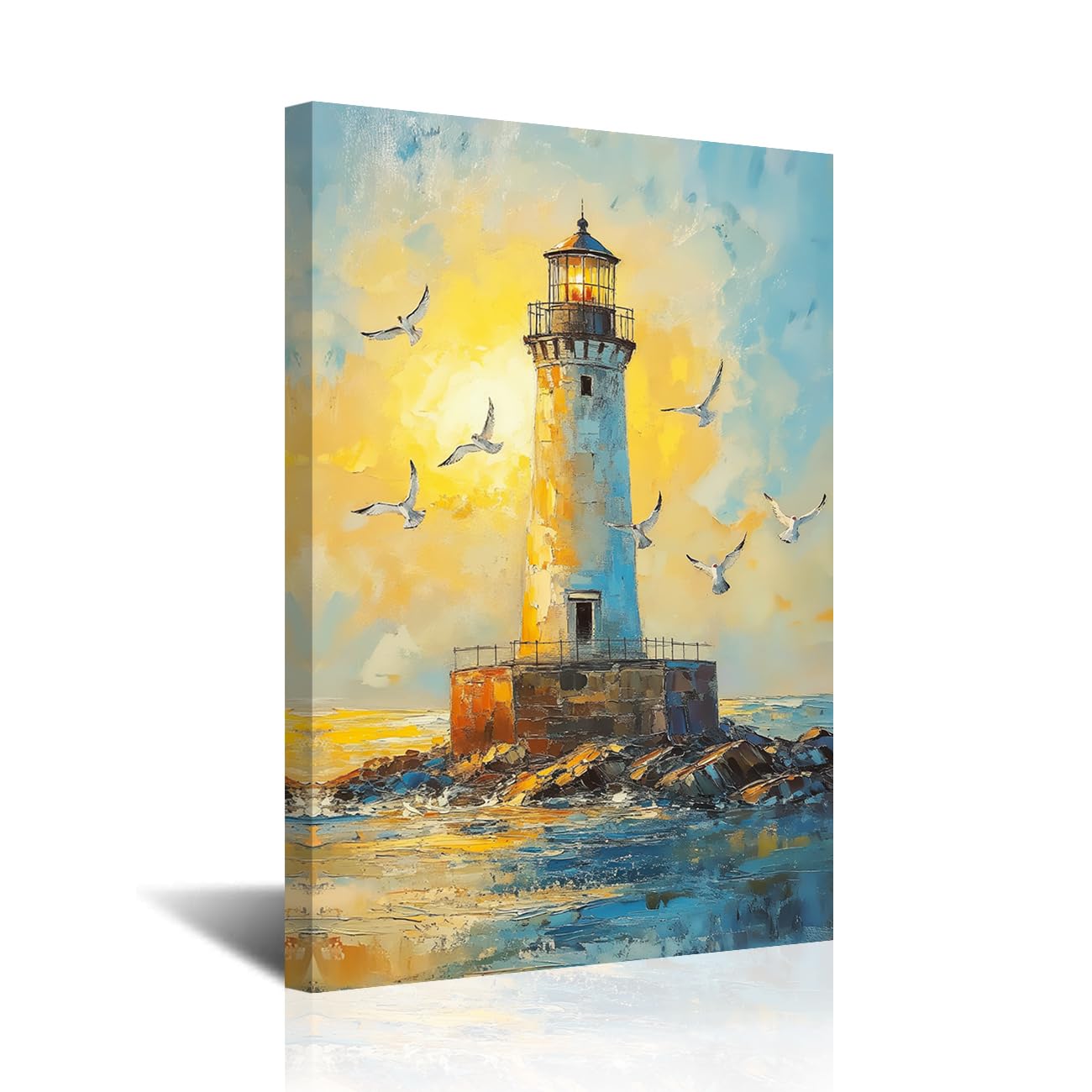 CXHOSTENT Lighthouse Pictures Wall Art Coastal Bathroom Decor Ocean Seascape Canvas Prints Beach Paintings Nautical Scenery Artwork Home Decor Framed (Orange, 24L x 16W)
