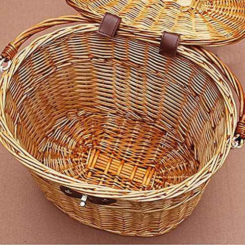 Cesta de mimbre para bicicleta rústica con tapa, ajuste universal, material duradero, varillas de montaje rápido, estilo único, adecuado para todas las bicicletas de adultos