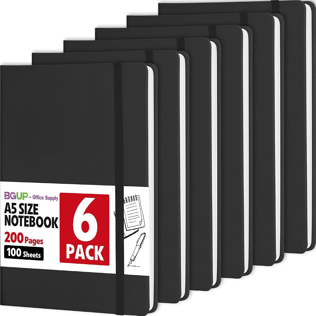 Paquete de 6 cuadernos forrados para el trabajo, 200 páginas, mediano 5,5 x 8,3 pulgadas, A5 con rayas universitarias, cuadernos de tapa dura para escribir, tomar notas, aptos para negocios, trabajo, escuela, hogar (negro)