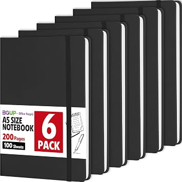 6 Pack Lined Journal Notebook for Work, 200 Pages, Medium 5.5 in x 8.3 in, A5 College Ruled, Hardcover Journaling Notebooks for Writing, Note Taking, Fit for Business Work School Home Black