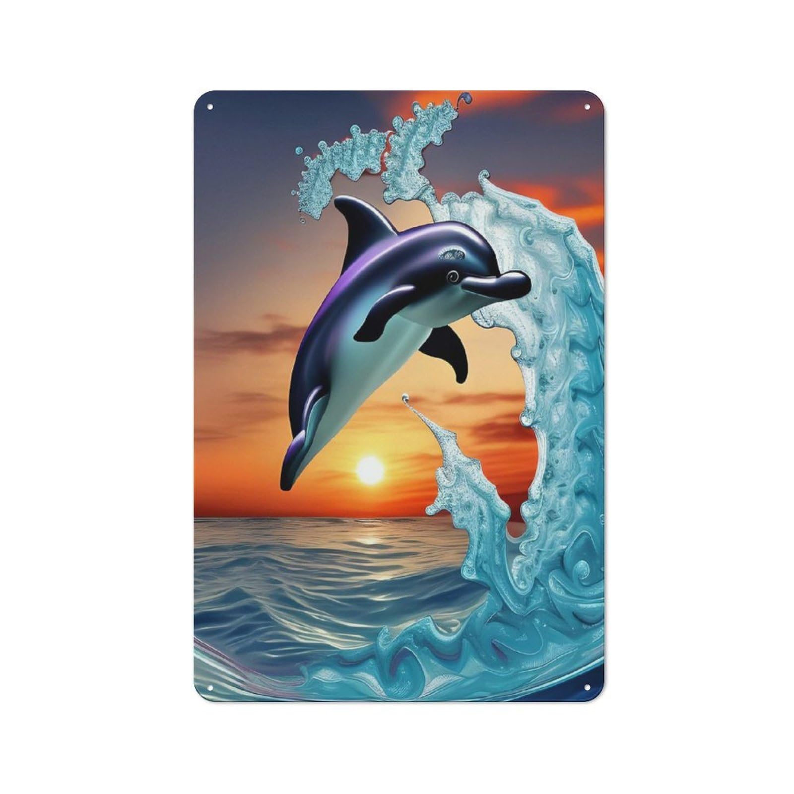 Nostalgic Decorative Tin Plaque 30x20cm Featuring Dolphin by Sunset at Waves, Classic Pub Decor for Cafe, Pub, Workshop Or Home Bar