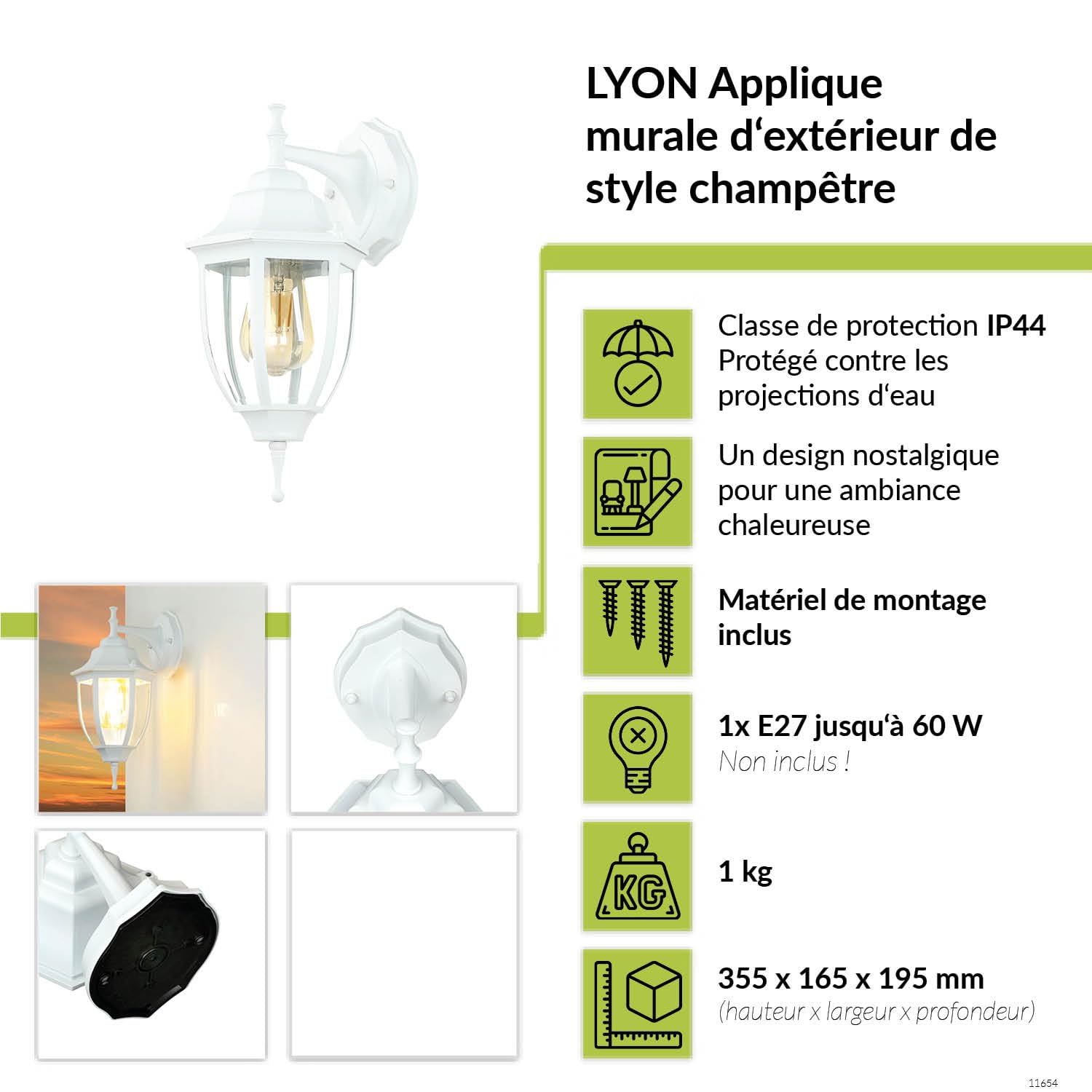 Lanterne murale extérieure en verre et aluminium blanc IP44 pour balcon et porte d'entrée H:35,5 cm E27 Rustique style maison de campagne, lampe murale extérieure nostalgique pour jardin LYON