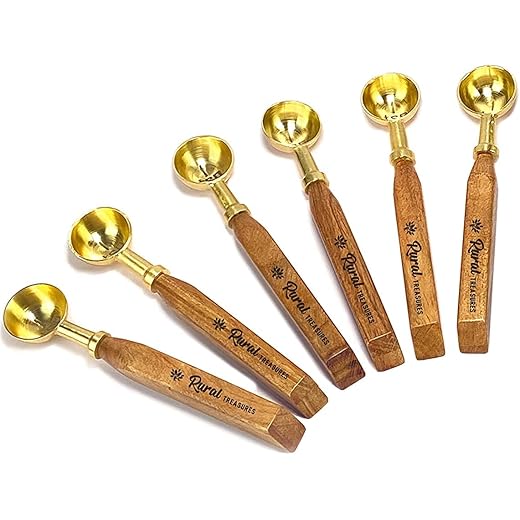 Brass Spoon Set | Measuring Spoon with Wooden Handle for Hawan & Pooja | 1Tbsp | Useful for Home & Kitchen in Cooking, Baking, Tea | Set of 6 Spoons