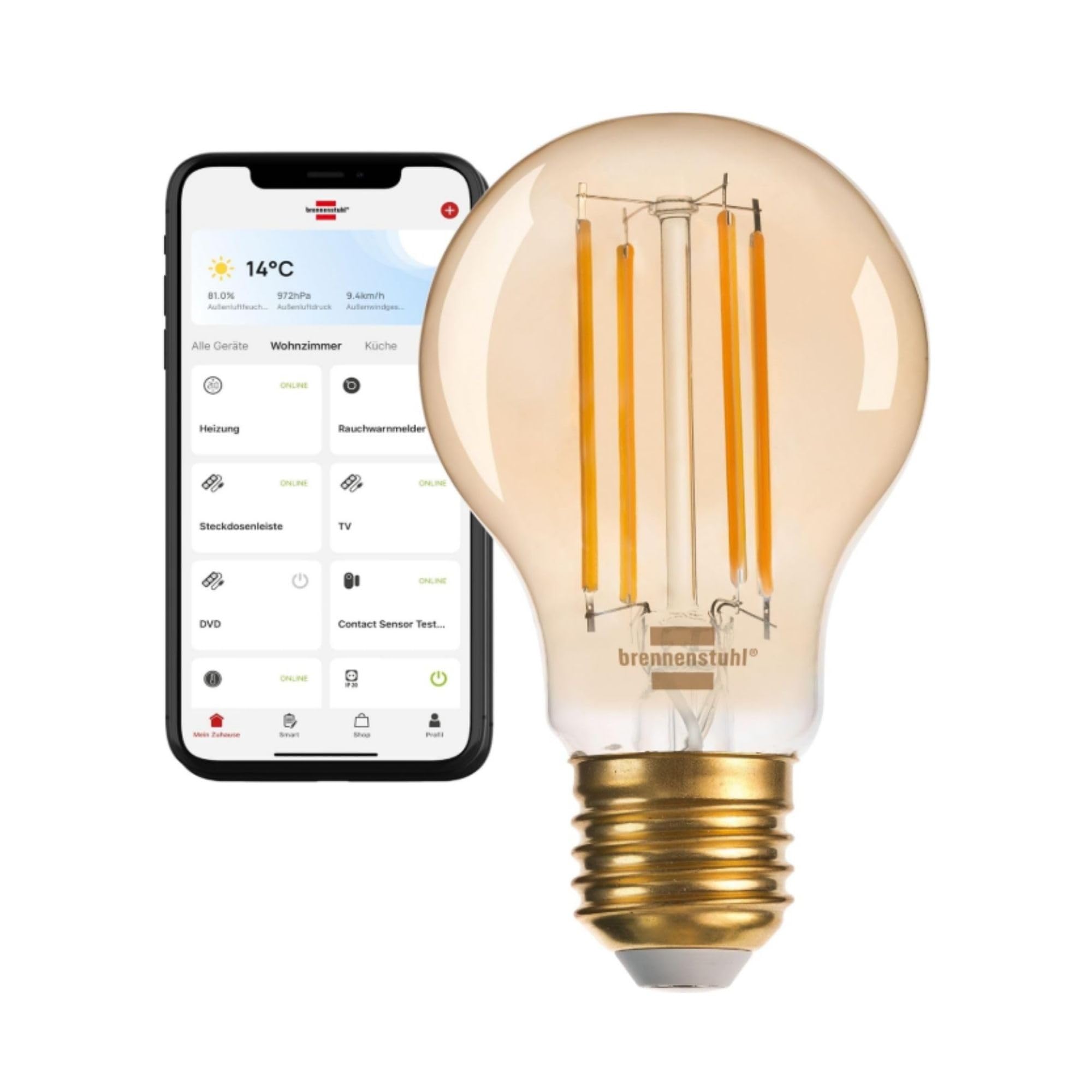 Brennenstuhl Connect WiFi Bombilla filamento LED Standard (Bombilla inteligente, compatible con Amazon Alexa y Google Assistant, bombilla E27, 470lm, 4,9W, luz cálida 2200K, luz regulable, vintage)