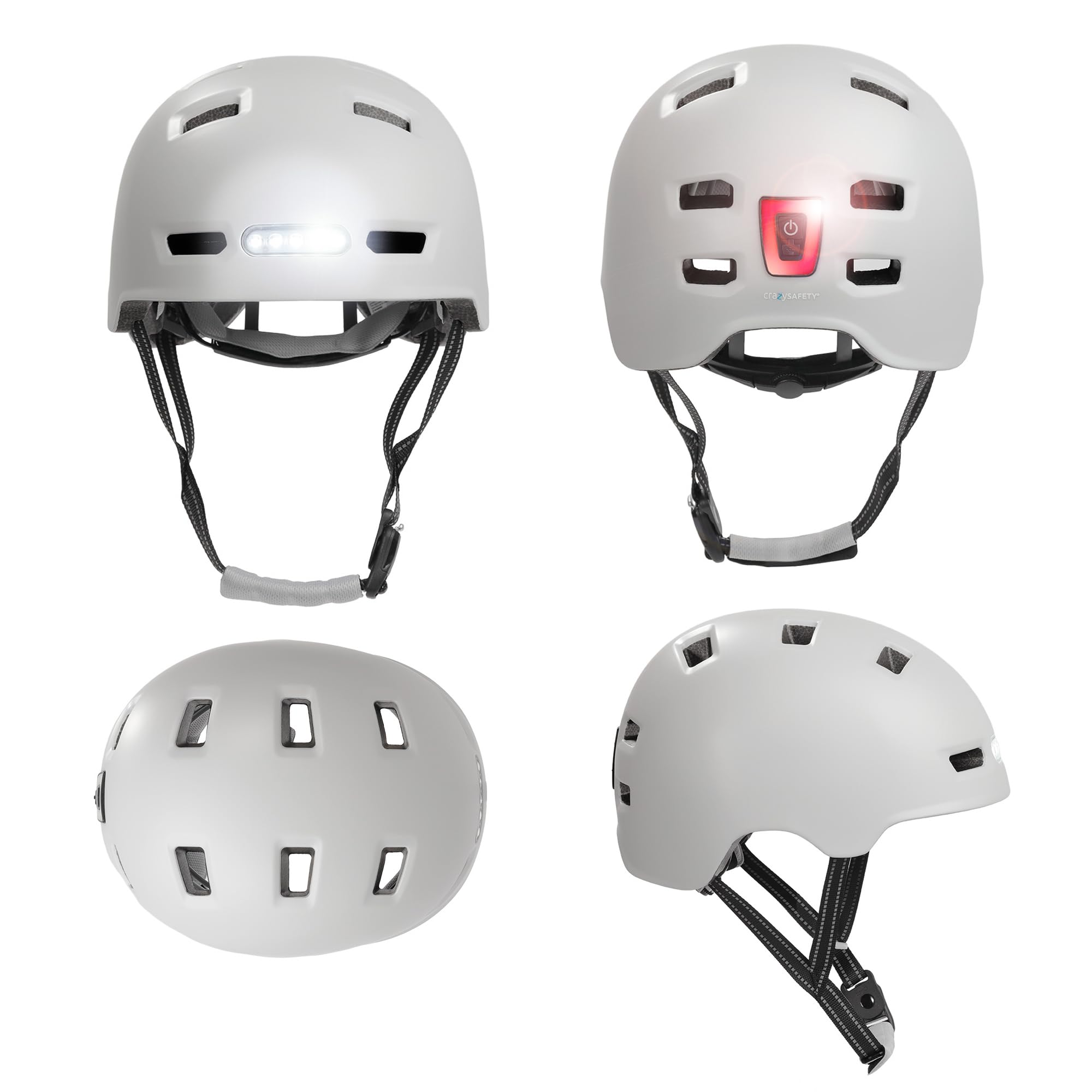 Crazy Safety Vertigo Casque De Vélo Blanc Mat Lumière Avant Et Arrière USB | Casque pour Trottinette, Skateboard, Rollers et Vélo BMX, Casque de Vélo de Ville pour Hommes et Femmes | M 54-57cm