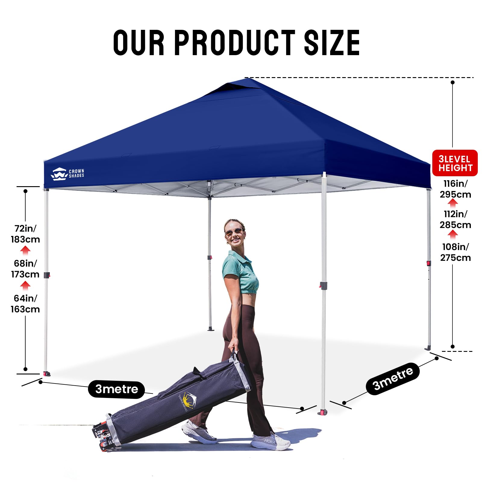 CROWN SHADES Pavillon 3x3 Wasserdicht Stabil Winterfest, Pop up Faltpavillon UV Schutz 50+, Partyzelt Für Outdoor Camping, 3-Fach Höhenverstellbar, Gartenpavillon mit Tragetasche (Marineblau)