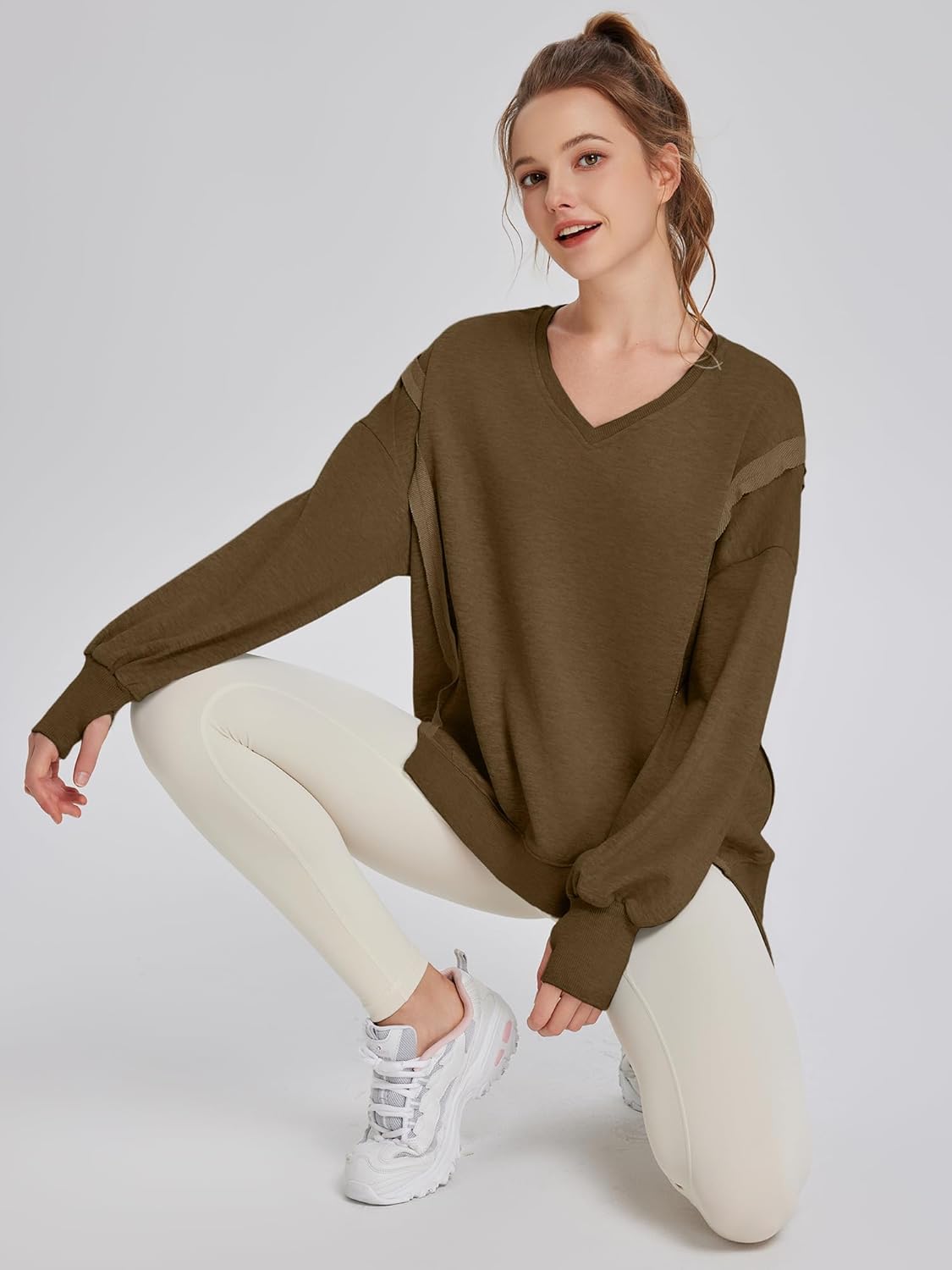 TAKEYAL Women's Oversized Sweatshirts Side Slit Long Sleeve V Neck Sweatshirt Casual Loose Pullover - Image 4