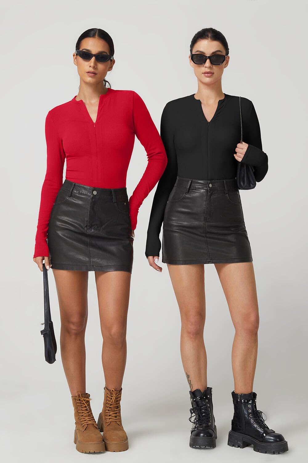 QINSEN Long Sleeve Shirts for Women V Neck Half Zipper Ribbed Knit Going Out Tops Full Length Basic Tee - Image 6