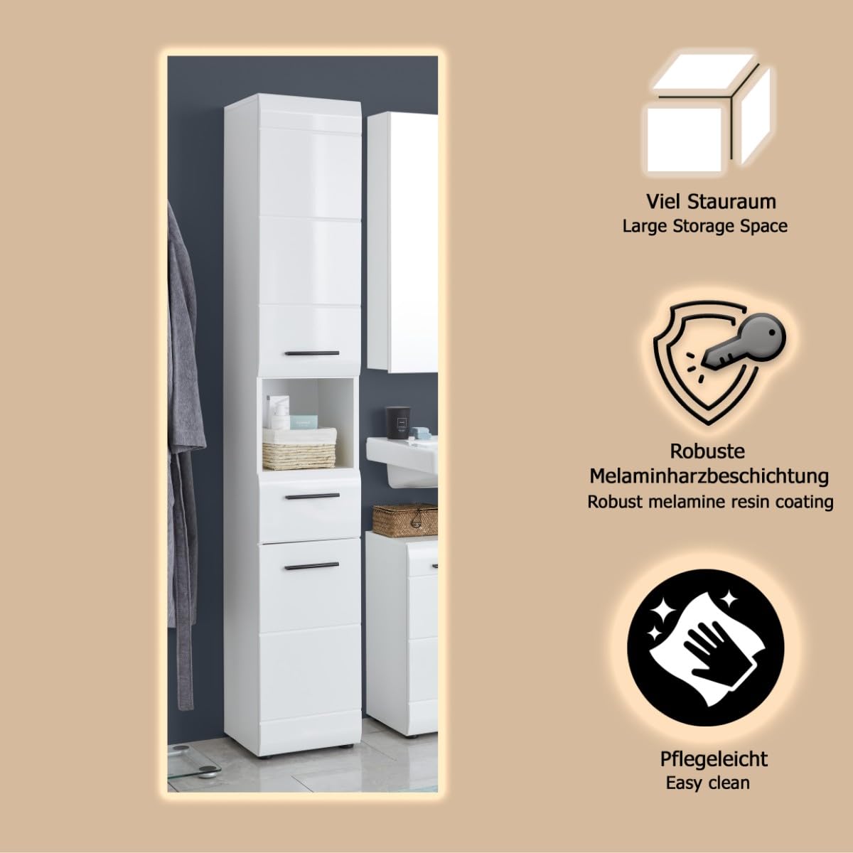 trendteam smart living - Skin - Hochschrank - Weiß/Weiß Hochglanz - 5 Fächer – Bild 7