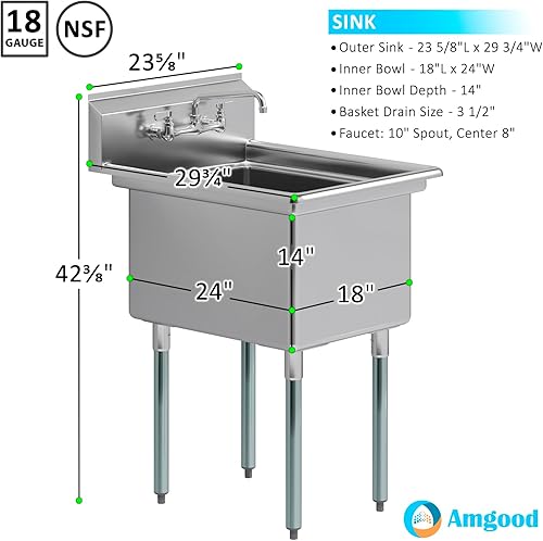 Vista 32 de AmGood Fregadero de acero inoxidable para preparación y utilidad Acero inoxidable 304 Restaurante, Cocina, Lavandería, Garaje NSF