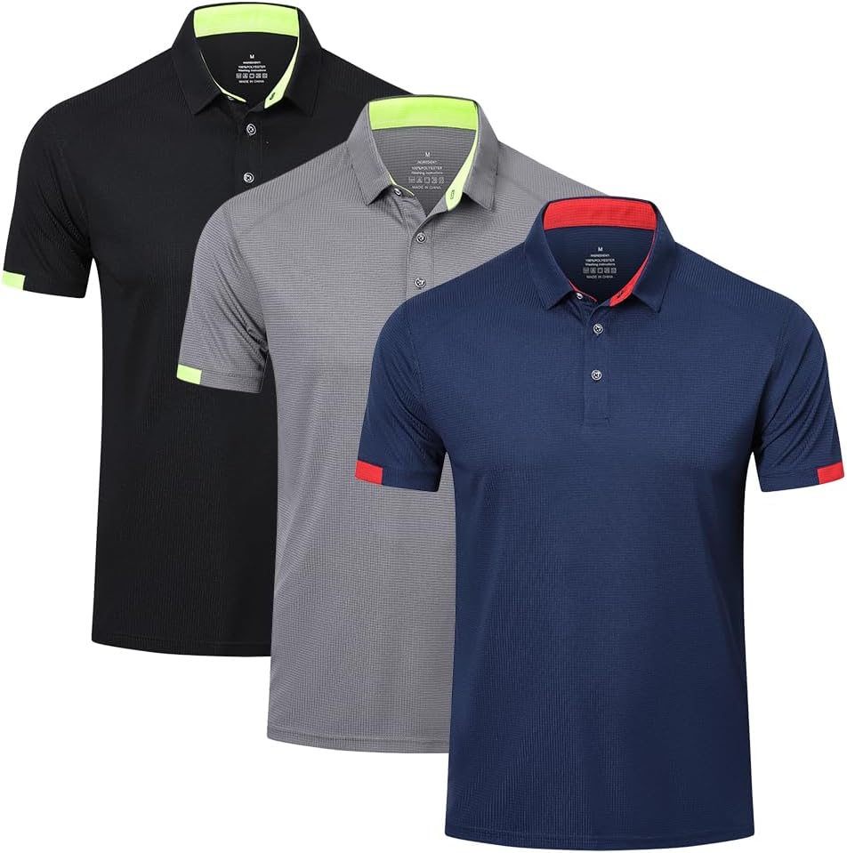 3 Pack Mens Polo Shirts Short Sleeve Lightweight Sport Golf Tennis Tops Quick Dry Athletic Workout Polo Shirts