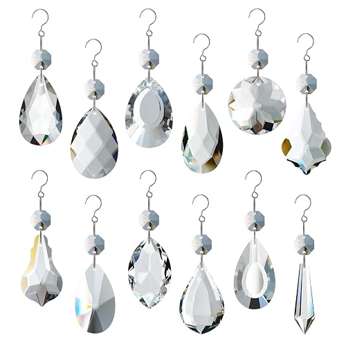 12pcs Glass Crystal Chandelier Prisms, Rainbow Hanging Crystals Suncatcher for
