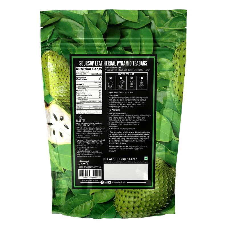 Image of BLUE TEA - Soursop Tea - 60 Count - Pyramid Plant Based Teabags | Hoja Guanabana | Premium Graviola Leaves | Herbal Tea - Caffeine Free - Sugar Free - Non-Bitter | Ziplock Pack