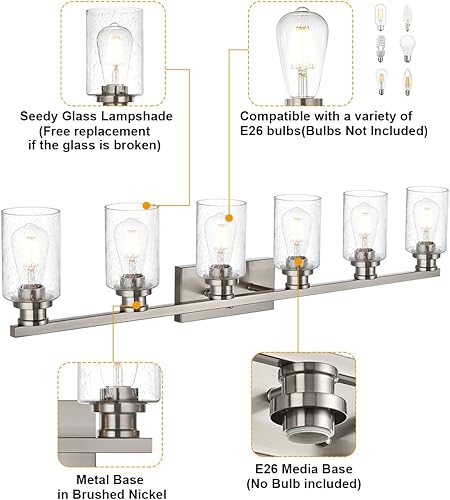 Miniatura 5 de VINLUZ Lámparas de tocador de baño sobre espejo, 6 lámparas de pared de baño con base de metal y pantalla de vidrio sembrado para porche, taller,
