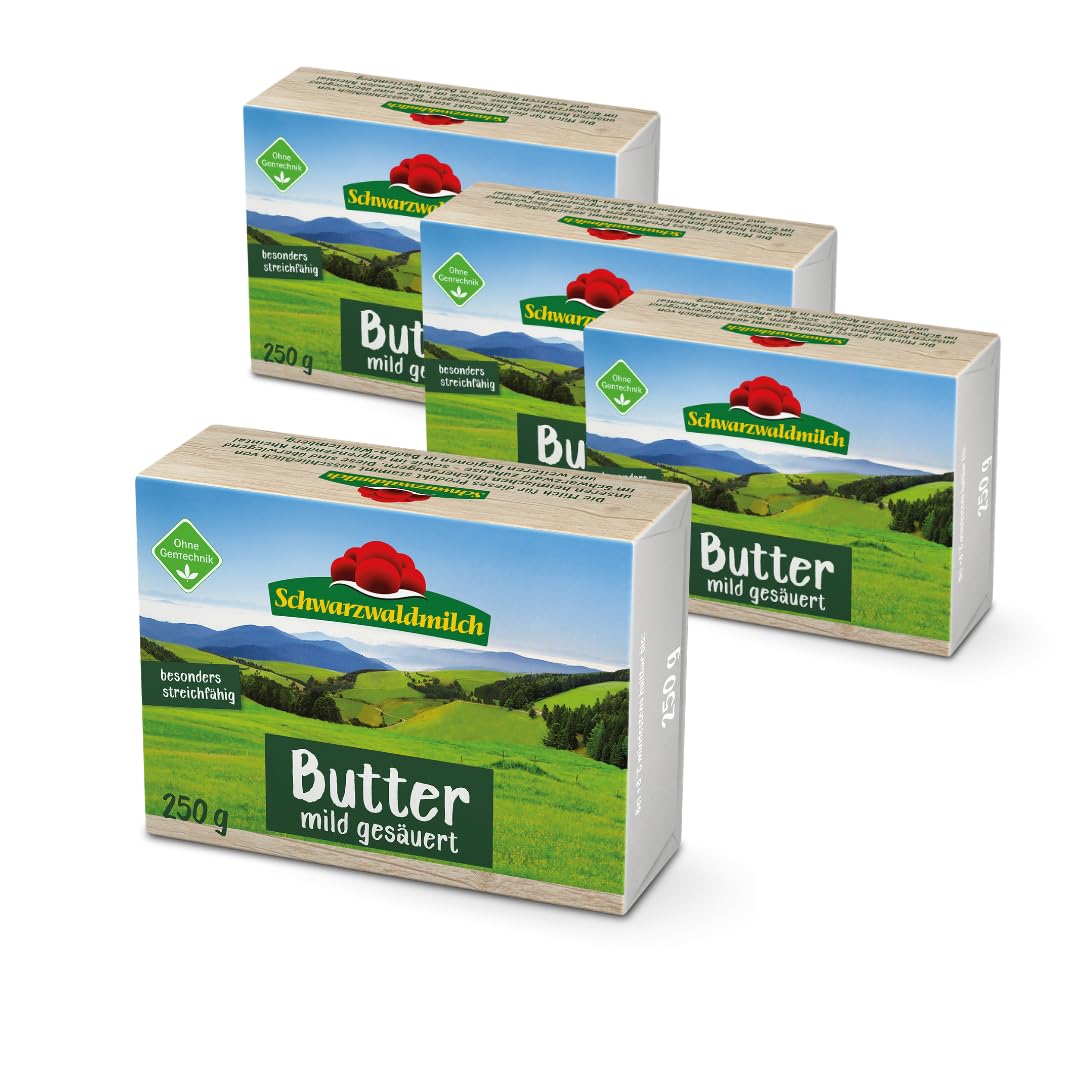 Schwarzwaldmilch Butter mild gesäuert 250g - Streichzart, cremig & natürlich ohne Gentechnik - Premium Butter aus dem Schwarzwald, 4 Packungen á 250 g Packung