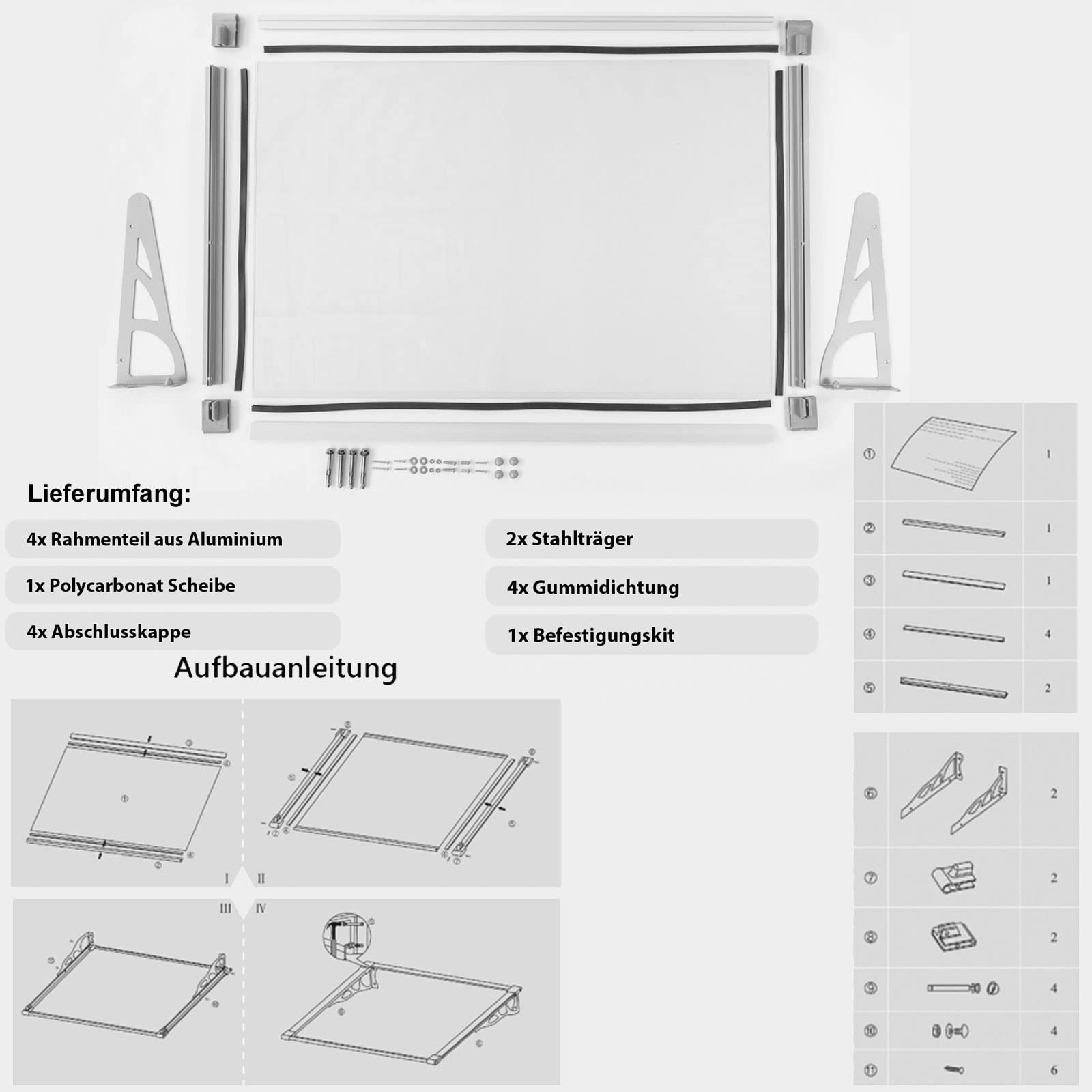 TRUTZHOLM Aluminium Vordach Haustürvordach Pultvordach 150 x 90 cm Schneelast 95kg | Polycarbonatplatte | nach Auswahl (150x90 cm, grau)