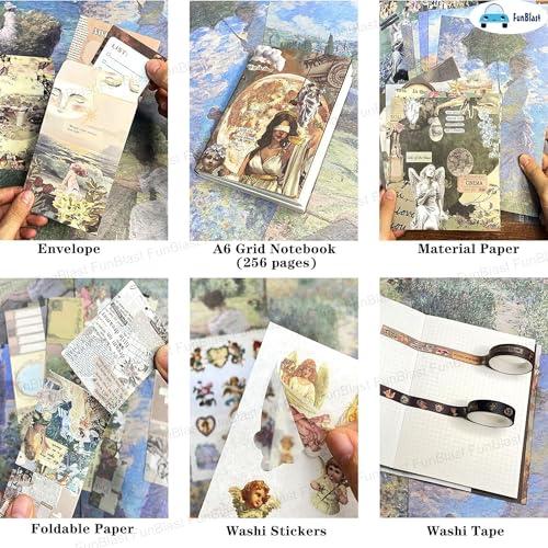 Image of FunBlast Aesthetic Scrapbooking Kit - 213 Pcs Vintage Junk Journal Supplies with Scrapbook Paper, Washi Stickers, A6 Grid Notebook, DIY Craft Journaling Gift for Teen, Girl, Adult (Dark Brown)