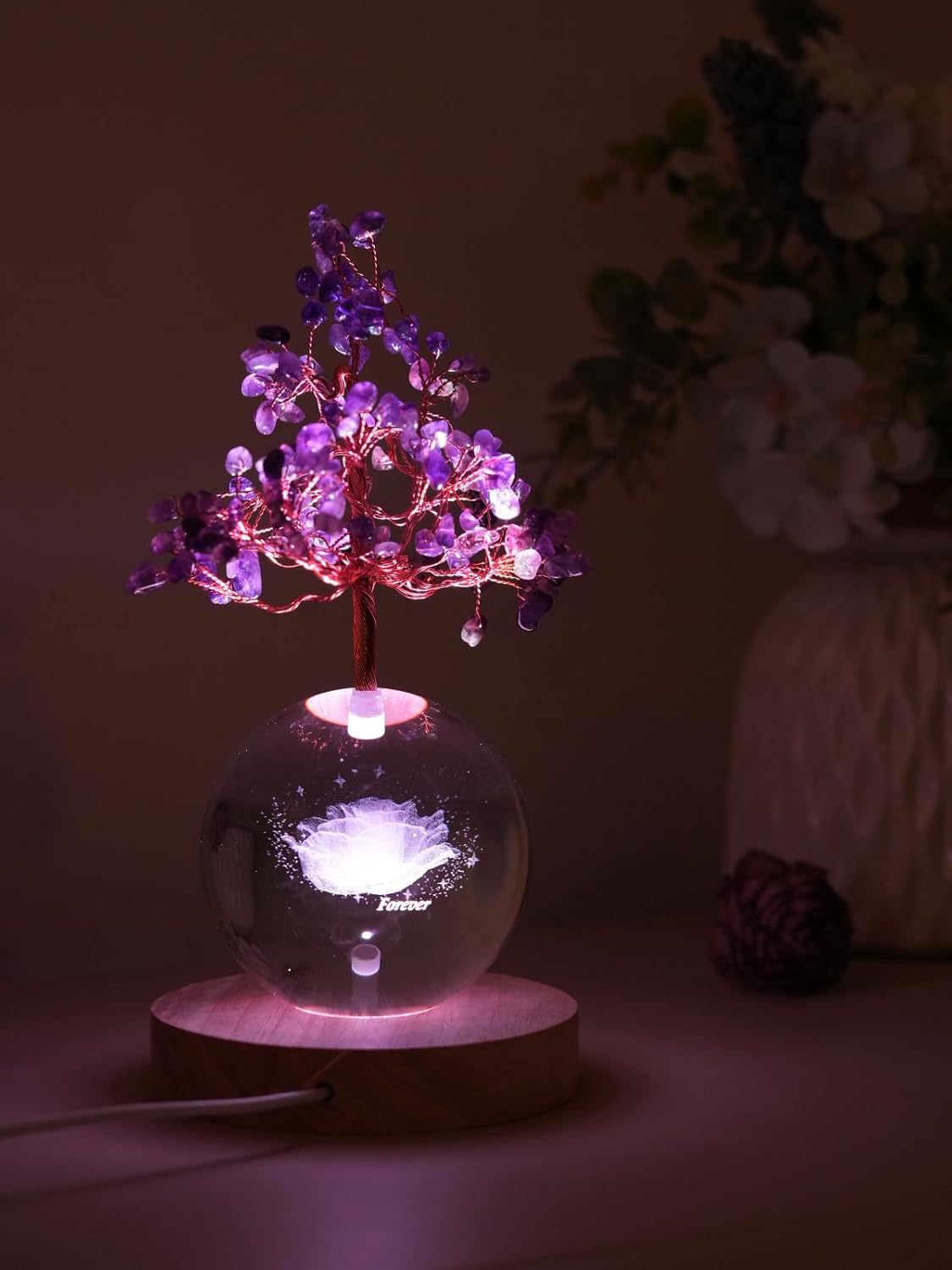 Amethyst Crystal Tree of Life for Positive Energy, Chakra Healing Tree with Remote Control Multicolor Night Light for Home, Office, Desk Decor, Purple Gift for Women, Girls (Rose)
