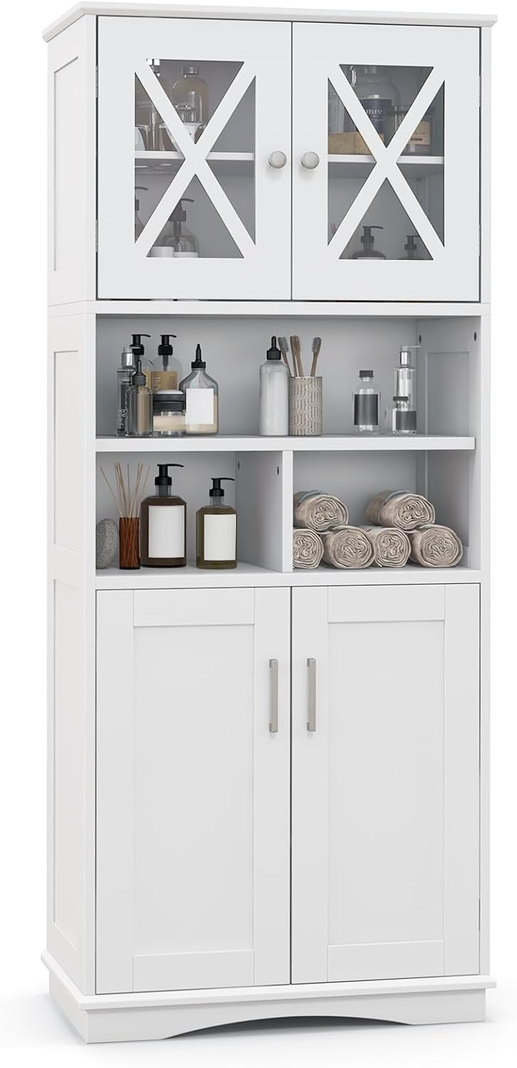 Giantex 57" Tall Bathroom Cabinet, Storage Cabinet with Acrylic Doors & Adjustable Shelves, 3 Open Compartments, Bathroom Floor Cabinet for Kitchen, Living Room, Dining Room, Office (White)
