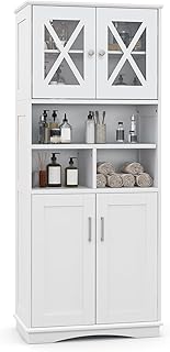 Tall Bathroom Cabinet, Freestanding Storage Cupboard with Open/Adjustable Shelves and Doors, Wooden Bathroom Unit High Floor Cabinet for Living Room Kitchen Hallway, 60x30x145cm (White)
