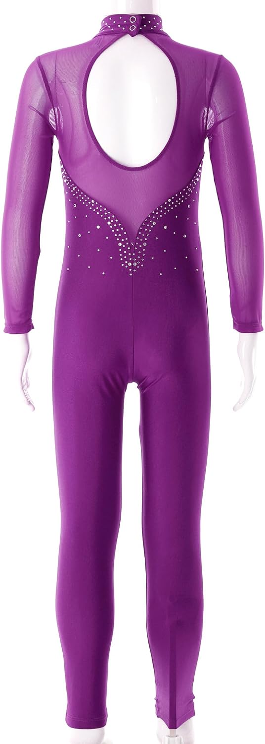 Loyan Kids Girls Rhinestone Long Sleeve Figure Ice Skating Jumpsuit Gymnastics Leotard Unitard Full Body One Piece Dancewear