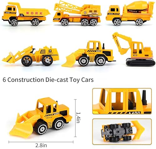 Miniatura 4 de Paquete de 25 vehículos de juguete de construcción de transporte para niños, con 6 camiones de juguete fundidos a presión, 11 señales de tráfico,